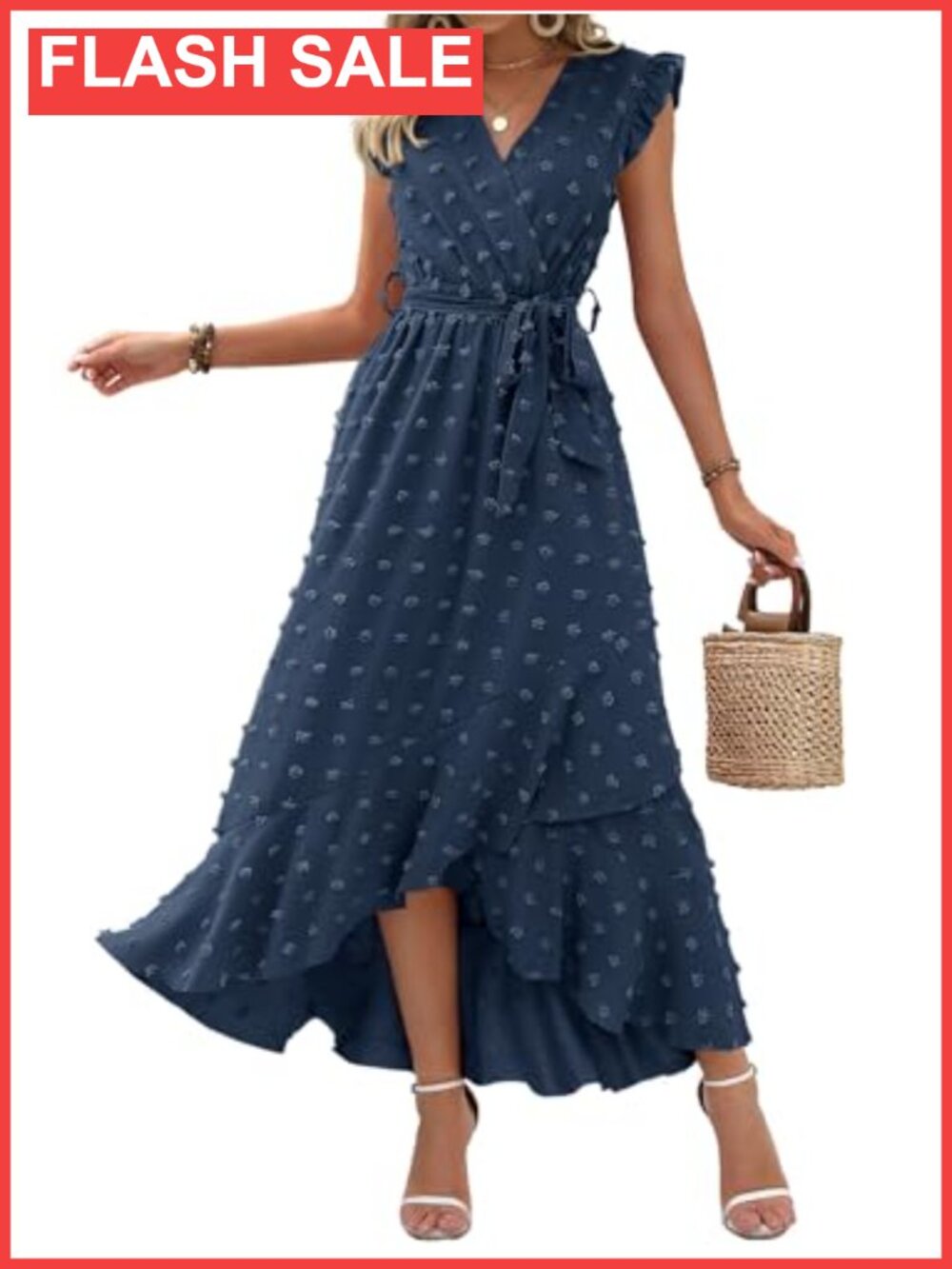 Swiss Dot Ruffle V-Neck Maxi Dress
